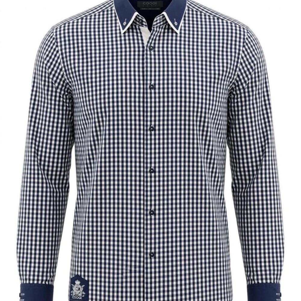 COOGI Luxe Mens XL Navy White Gingham Flip Cuff Dress Shirt Y2K